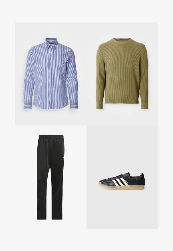 Ribota, žalia, ilga rankovė, apvalios karčių megztinis su prispaudžiamomis rankovėmis ir mažuoju užsegimu kairėje rankovėje.; Mėlynas ir baltas dryžuotas ilgų rankovių marškinys su sagomis, pagamintas iš audinio medvilnės, su klasikine apykakle ir apvaliu galiuku. Pateikti perlų spalvos sagos.; Juodos sportinės kelnės, pagamintos iš lygaus, lengvo audinio. Turi elastingą juosmenį ir baltas šonines juostas su logotipu ant šlaunies.; Juodos sportinės kedai su baltais dryžiais, tekstūruota medžiaga, lygus odinis priekinis krepšys ir guminis padas. Prietaisas su logotipu ant liežuvio.