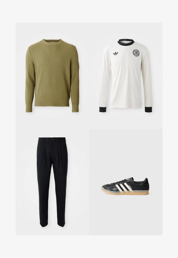 Sweter z prążkowanej dzianiny w oliwkowym kolorze, z długimi rękawami i okrągłym dekoltem, z dopasowanymi mankietami oraz małą naszywką po lewej stronie rękawa.; Biała koszulka piłkarska z długim rękawem o ryflowanej fakturze, czarnym kołnierzyku i mankietach, z czarnym logo Adidas i okrągłym graficznym emblematem.; Czarne eleganckie spodnie z zakładkami z przodu, z zapięciem na guzik i szlufkami na pasek, zaprezentowane na białym tle.; Czarne sportowe sneakersy z białymi paskami, teksturowana tkanina, gładki skórzany czubek i podeszwa z gumy. Ma logo na języku.