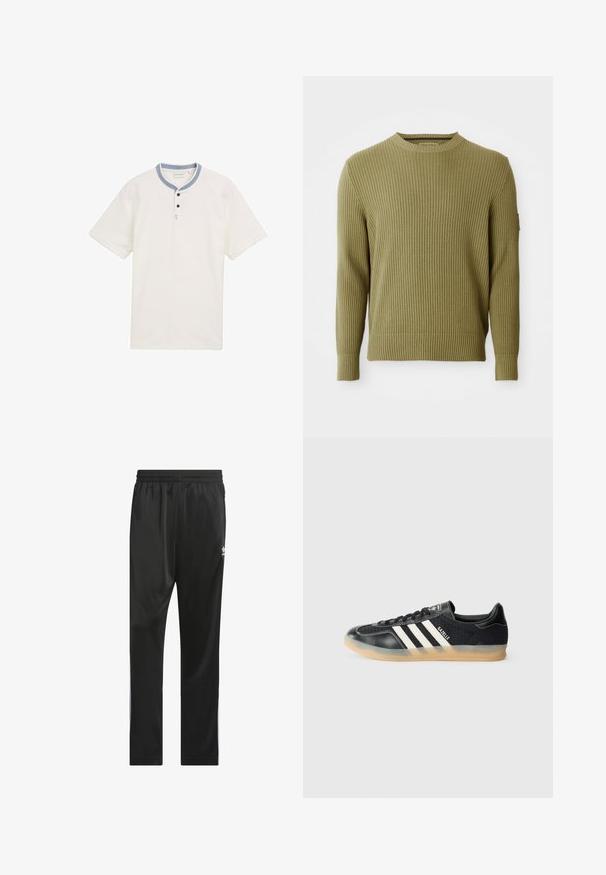 Suéter de punto acanalado verde oliva de manga larga y cuello redondo con puños ajustados y un pequeño detalle de parche en la manga izquierda.; Camisa blanca de manga corta con cuello redondo, detalles azules, tres botones negros y acentos a rayas debajo del escote.; Pantalones deportivos negros hechos de un material suave y ligero. Cuentan con una cinturilla elástica y rayas laterales blancas con un logo en el muslo.; Zapatilla deportiva negra con rayas blancas, tejido texturizado, puntera de cuero liso y suela de goma. Presenta el logo en la lengüeta.