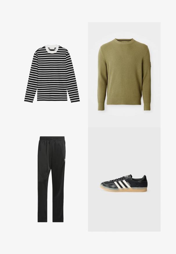 Ribbed knit olive green long-sleeve crew neck sweater with fitted cuffs and a small patch detail on the left sleeve.; Long-sleeve sweater featuring horizontal black and white stripes, round neckline, and ribbed cuffs. Soft fabric with a classic fit.; Black athletic pants made of smooth, lightweight material. Features an elastic waistband and white side stripes with a logo on the thigh.; Black athletic sneaker with white stripes, textured fabric, smooth leather toe, and a gum rubber sole. Features logo on tongue.