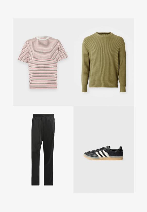 Ráncos kötésű, olajzöld, hosszú ujjú, kerek nyakú pulóver, szűkített mandzsettákkal és kis folttal a bal ujján.; Csíkos póló, vízszintesen elhelyezett rózsaszín, tengerészkék és fehér csíkokkal. Bordás kerek nyak és egy kis logó a mellkason. Pamut anyag.; Fekete sportnadrág sima, könnyű anyagból. Rugalmas derékkal és fehér oldalsávokkal rendelkezik, a combon logóval.; Fekete sportcipő fehér csíkokkal, texturált anyagból, sima bőr orral és gumitalppal. A nyelvén logóval ellátva.