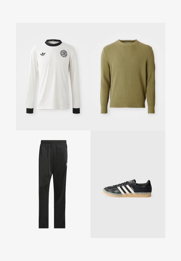 Ráncos kötésű, olajzöld, hosszú ujjú, kerek nyakú pulóver, szűkített mandzsettákkal és kis folttal a bal ujján.; Fehér hosszú ujjú focimez, bordázott textúrával, fekete gallérral és mandzsettákkal, fekete Adidas logóval és kerek grafikai emblémával.; Fekete sportnadrág sima, könnyű anyagból. Rugalmas derékkal és fehér oldalsávokkal rendelkezik, a combon logóval.; Fekete sportcipő fehér csíkokkal, texturált anyagból, sima bőr orral és gumitalppal. A nyelvén logóval ellátva.