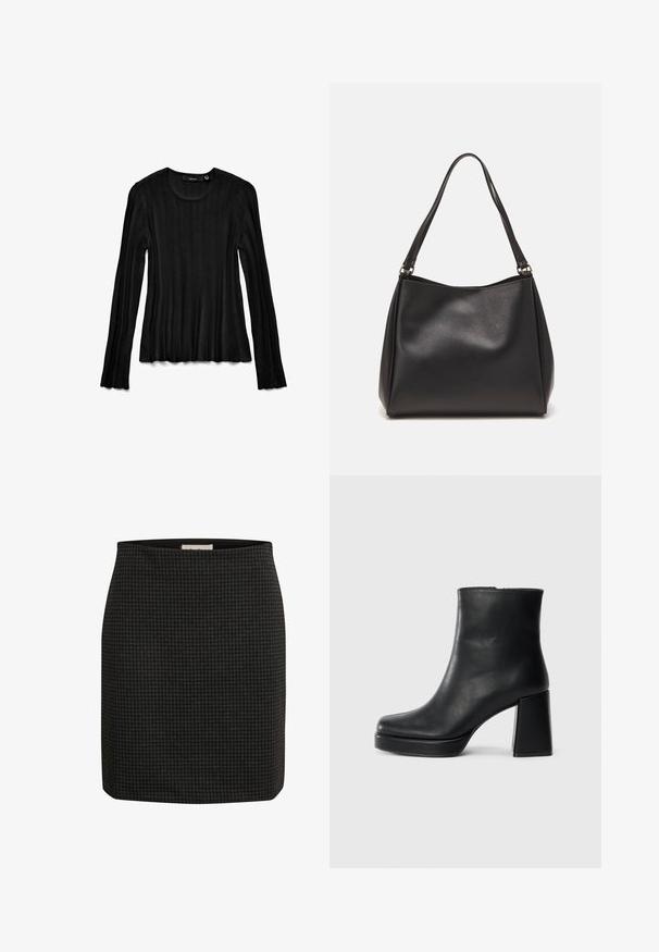 Black long-sleeve top made of ribbed fabric. Features a round neckline and textured design with flared cuffs. Lightweight and fitted style.; Black houndstooth-patterned skirt with a fitted design, straight silhouette, and a smooth texture. Features a waistband for added comfort.; Black leather ankle boot with a block heel and platform sole, viewed from the side on a plain white background.; Black synthetic leather handbag with a soft texture, hobo shape, and dual shoulder straps; features a glossy finish and minimalistic design.