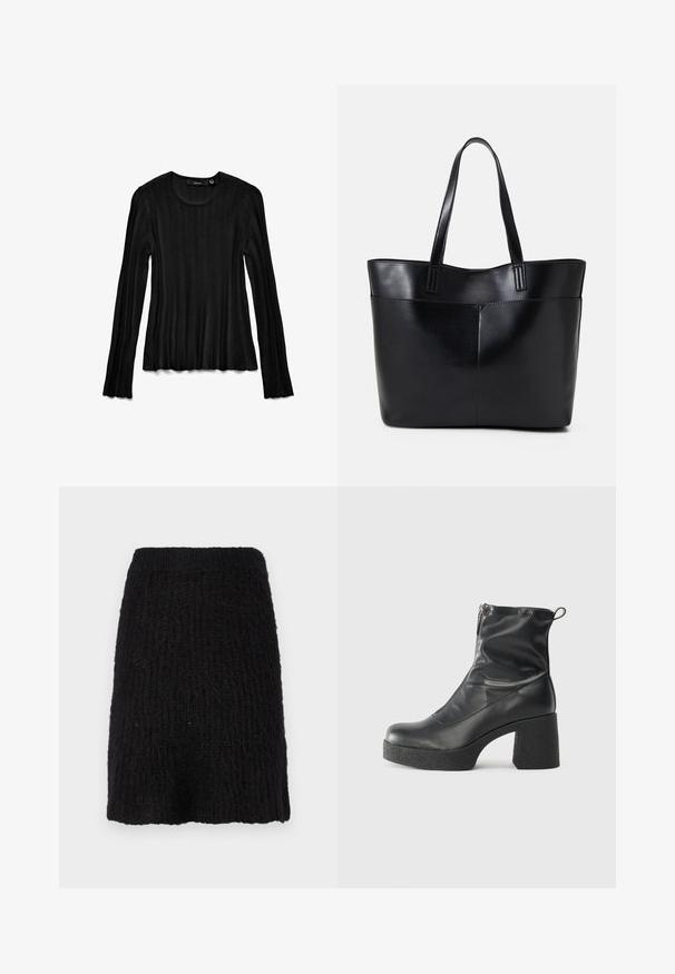 Černý dlouhý rukáv top vyrobený z žebrované látky. Má kulatý výstřih a strukturovaný design s rozšířenými manžetami. Lehký a přiléhavý střih.; Černá pletená sukně se strukturovaným vzorem, střední délka a široký pas. Materiál se zdá být jemný s mírně chlupatým povrchem.; Černé kotníkové boty vyrobené z hladké kůže, s bočním zipem, robustním strukturovaným podpatkem a kulatou špičkou.; Černá kožená taška s dlouhými ušima, hladkým povrchem a strukturovaným tvarem. Obsahuje přední kapsu pro další úložný prostor.