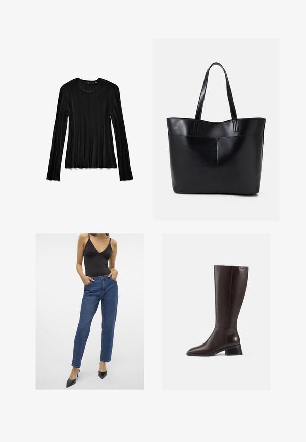 Crni dugi rukav majica izrađena od rebrastog materijala. Ima okrugli izrez i teksturirani dizajn s rasplinutim rukavima. Lagani i prilagođeni stil.; Tamno plave traperice s visokim strukom i ravnim nogavicama, prednjim džepovima i kopčanjem na dugme, uparene s crnim bodijem bez rukava.; Kratke smeđe kožne čizme do koljena s glatkom površinom, okruglim vrhom i crnim potplatom. Jednostavan dizajn s minimalnim detaljima od hardvera.; Crna kožna torba s dugim ručkama, glatkom teksturom i strukturiranim oblikom. Ima prednju džep za dodatno pohranu.