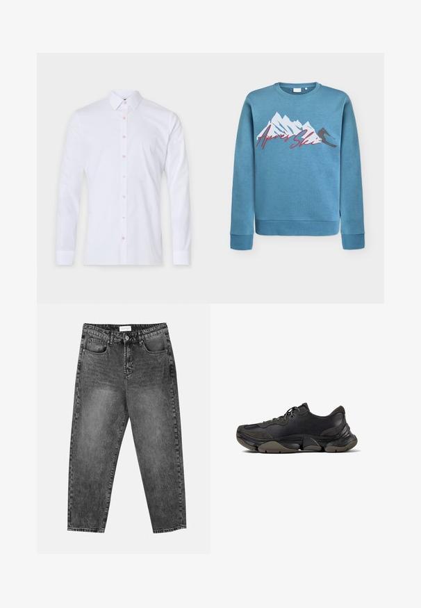 Hele sinine dress, millel on mäe ja suusataja graafika ning redise sulgkirjaga tekst "Après Ski". Ümmargune kaelus ja ribaga varrukate ning hemiga. Puuvilla segu materjal.; Valge pikakäiseline puuvillane särk, millel on nööpidega kaelus, roosad nööpide ja hästi istuv disain. Ilma mustrite ja graafikata.; Mustad pestudega sirged teksad, millel on ees ja taga taskud, vööniidid ja nööbiga sulgemine vöö ümber.; Mustad mustekad athletic jalats tekstureeritud tald, nahast ja sametist ülemine osa, pehmendatud krae ja lipsuklips sulgemine, esitletud külgprofiilis.