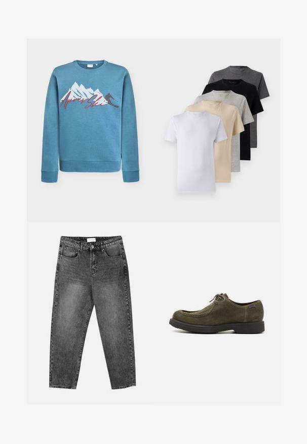 Vaaleansininen huppari, jossa on vuori- ja suksij grafikointi, ja "Après Ski" punaisella kursiivilla. Pyöreä kaula-aukko ja ribatut hihansuut sekä helma. Puuvillaseosmateriaali.; Viisi lyhythihaista t-paitaa valkoisena, beigeinä, vaaleanharmaana, tummanharmaana ja mustana. Valmistettu sileästä puuvillasta, jossa on pyöreä kaula-aukko.; Mustat pesetyt suorat farkut, joissa on etu- ja takataskut, vyölenkit ja nappisuljenta vyötäröllä.; Tummanvihreät mokkatossut, joilla on sileä pinta, pyöreä kärki, ommellut yksityiskohdat ja musta kumipohja.