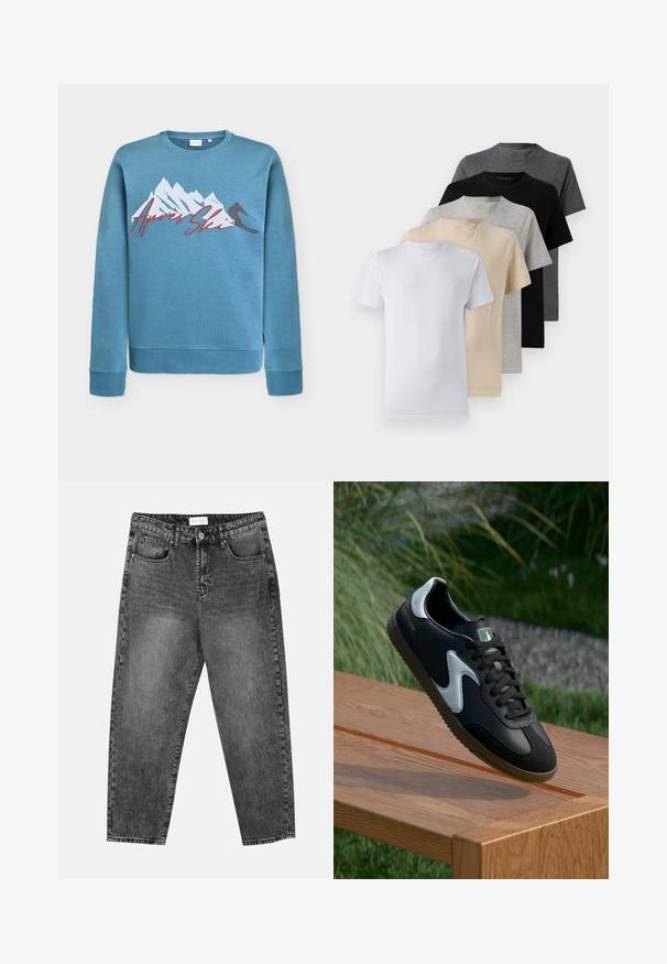 Hanorac de culoare albastru deschis, cu un grafic cu munți și un schior, inscripționat "Après Ski" cu literă cursivă roșie. Guler rotund și manșete și tiv din material rib. Material din amestec de bumbac.; Set de cinci tricouri cu mânecă scurtă în alb, bej, gri deschis, gri închis și negru. Fabricate din bumbac fin, cu un design de gât rotund.; Blugi negri cu croială dreaptă, spălați, cu buzunare frontale și posterioare, curea și un sistem de închidere cu nasture la talie.; Pantoflă sport alb-negru cu un superior din piele netedă, talpă texturată și accente contrastante. Dispune de un logo pe lateral și șireturi.