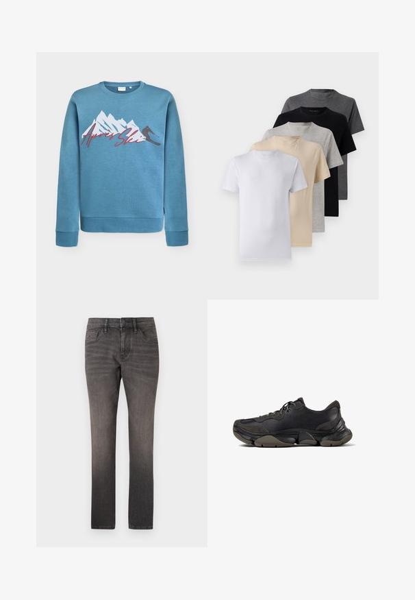 Sweatshirt bleu clair avec un graphique de montagne et de skieur, "Après Ski" en rouge en cursive. Col rond et poignets et ourlet côtelés. Matière en mélange de coton.; Ensemble de cinq t-shirts à manches courtes en blanc, beige, gris clair, gris foncé et noir. Fabriqués en coton doux, présentant un design à col rond.; TOM TAILOR JOSH - Jean droit - used dark stone black denim; Baskets de sport noires avec semelle texturée, tige en cuir et en daim, col rembourré et fermeture à lacets, présentées en profil latéral.