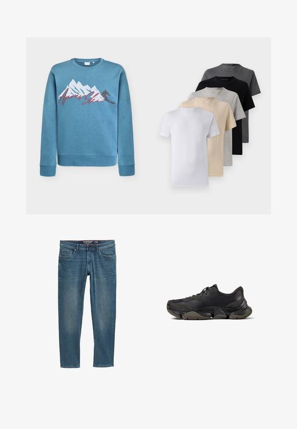 Hele sinine dress, millel on mäe ja suusataja graafika ning redise sulgkirjaga tekst "Après Ski". Ümmargune kaelus ja ribaga varrukate ning hemiga. Puuvilla segu materjal.; Viie lühikese varrukaga T-särgi komplekt, mis sisaldab valget, beeži, heletüüki, tumehallit ja musta. Valmistatud siledast puuvillast, ümmarguse kaela disainiga.; Sinised denimpüksid kitseneva lõikega, viie taskuga disain ja punane sisekumm. Seljal taskul on logopatch.; Mustad mustekad athletic jalats tekstureeritud tald, nahast ja sametist ülemine osa, pehmendatud krae ja lipsuklips sulgemine, esitletud külgprofiilis.
