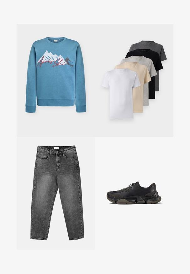 Sudadera azul claro con gráfico de montaña y esquiador, "Après Ski" en cursiva roja. Cuello redondo y puños y dobladillo acanalados. Material de mezcla de algodón.; Conjunto de cinco camisetas de manga corta en blanco, beige, gris claro, gris oscuro y negro. Hechas de algodón suave, con un diseño de cuello redondo.; Jeans de pernera recta en lavado negro con bolsillos delanteros y traseros, trabillas para cinturón y cierre de botón en la cintura.; Zapatilla deportiva negra con suela texturizada, parte superior de cuero y gamuza, cuello acolchado y cierre con cordones, mostrada en perfil lateral.
