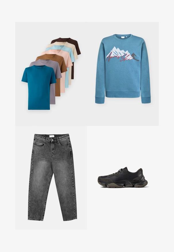 Lyseblå sweatshirt med grafik af bjerg og skiløber, "Après Ski" i rød kursiv. Rund halsudskæring og ribstrikkede manchetter og kant. Blanding af bomuld.; Sæt af otte rundhalsede t-shirts i forskellige farver: teal, brun, beige, lyseblå, lyserød, grå og lavendel, lavet af glat stof.; Sorte vasket straight-leg jeans med for- og baglommer, bæltestropper og knaplukning i taljen.; Sort atletisk sneakers med tekstureret sål, overdel i læder og ruskind, polstret krave og snørebånd, vist i sideprofil.