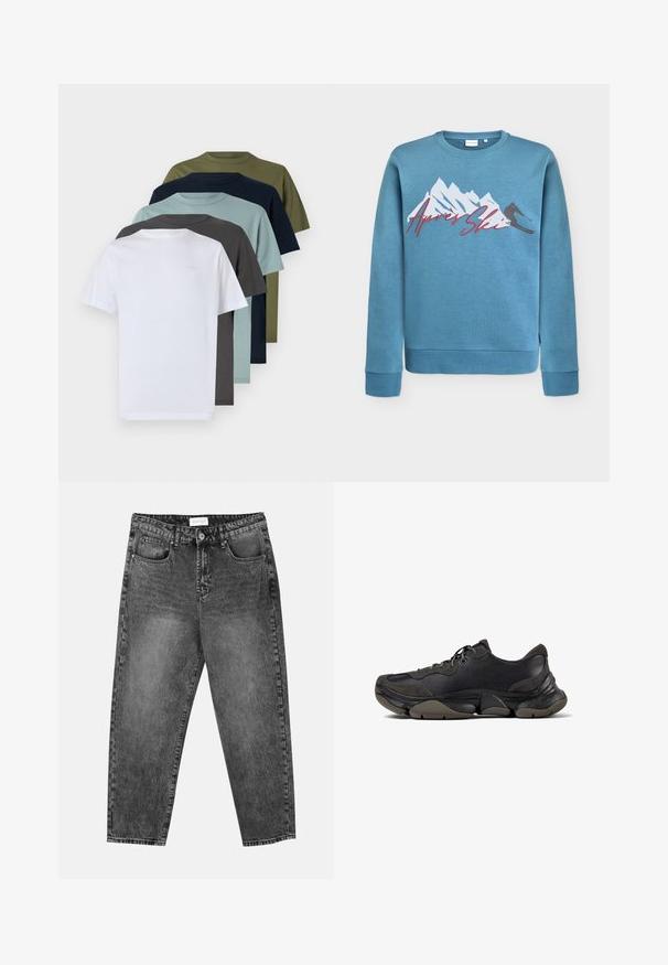 Lichtblauwe sweatshirt met grafiek van een berg en skieur, "Après Ski" in rode cursieve letters. Ronde halslijn en ribgebreide manchetten en zoom. Katoenmix materiaal.; Zes korte mouwen t-shirts met ronde hals in wit, donkergrijs, lichtblauw, marineblauw, olijfgroen en donker groen, met een egale kleur en een katoenen textuur.; Zwart gewassen rechte jeans met voor- en achterzakken, riemlussen en een knoopsluiting in de taille.; Zwarte sportieve sneaker met een gestructureerde zool, leren en suède bovenwerk, gevoerde kraag en vetersluiting, getoond in zijprofiel.