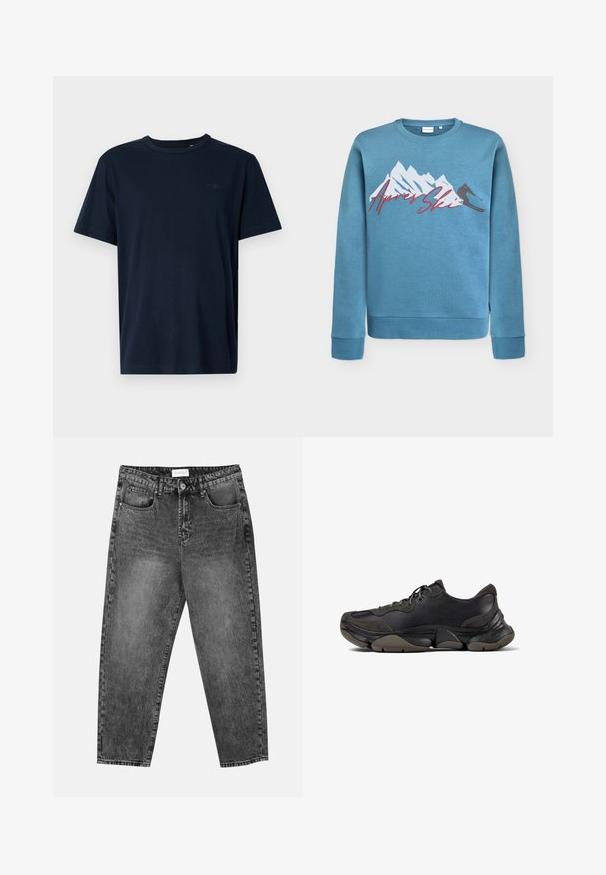 Sweatshirt azul claro com gráfico de montanha e esquiador, "Après Ski" em cursivo vermelho. Decote redondo e punhos e bainha canelados. Material em mistura de algodão.; Camiseta de manga curta azul-marinho feita de um tecido suave, com um decote redondo, ostenta um pequeno logótipo e o ano "1962" impresso no peito.; Jean straight-leg preto deslavado com bolsos frontais e traseiros, passantes para cinto e fecho de botão na cintura.; Sapatilha desportiva preta com sola texturizada, parte superior em couro e camurça, colarinho almofadado e fecho com atacadores, apresentada em perfil lateral.