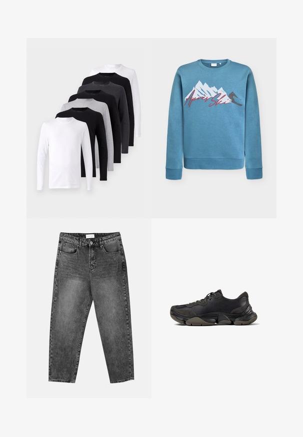 Lichtblauwe sweatshirt met grafiek van een berg en skieur, "Après Ski" in rode cursieve letters. Ronde halslijn en ribgebreide manchetten en zoom. Katoenmix materiaal.; Set van langekorte T-shirts in zwart, wit en grijs. Van katoen, met een ronde hals, met een soepele textuur zonder patronen of accenten.; Zwart gewassen rechte jeans met voor- en achterzakken, riemlussen en een knoopsluiting in de taille.; Zwarte sportieve sneaker met een gestructureerde zool, leren en suède bovenwerk, gevoerde kraag en vetersluiting, getoond in zijprofiel.