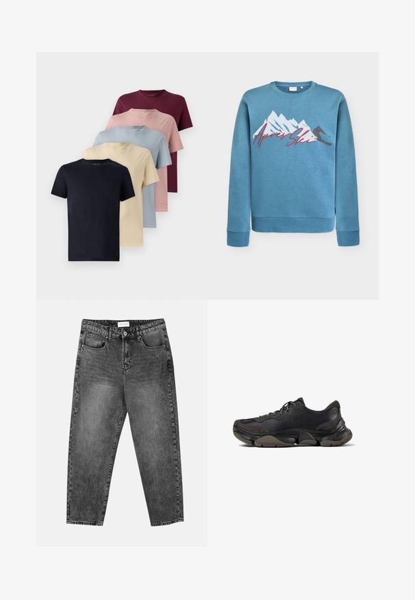 Svetlo modra majica s printom gore in smučarja,"Après Ski" v rdečem kurzivnem tisku. Okrogli izrez in rebrasti manšeti ter rob. Mešanica bombaža.; Pet kratkih majic v vrsti. Barve so mornarsko modra, smetana, svetlo modra, roza in burgundska. Gladek material, zasnova s krožnim izrezom.; Črne jeanse ravnega kroja z sprednjimi in zadnjimi žepi, zankami za pas in gumbom za zapiranje na pasu.; Črne atletske tenisice z strukturiranim podplatom, zgornjim delom iz usnja in semiša, oblazinjenim ovratnikom in vezalkami, prikazane v stranskem profilu.