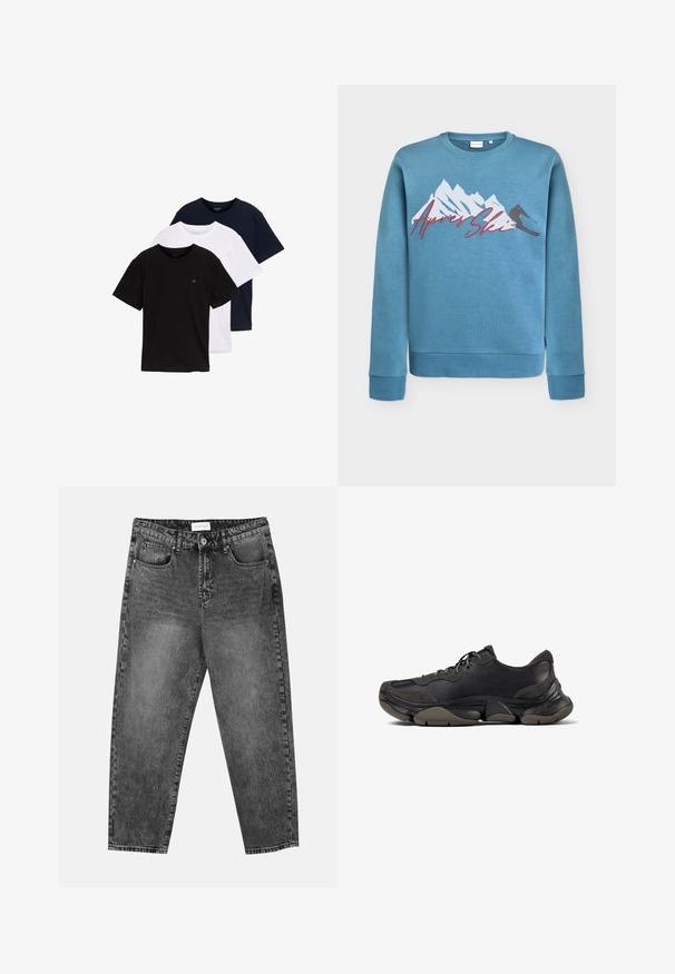 Hellblaues Sweatshirt mit Grafik von Bergen und Skifahrer, "Après Ski" in roter Schreibschrift. Rundhalsausschnitt und gerippte Bündchen sowie Saum. Baumwoll-Mischgewebe.; Set bestehend aus drei T-Shirts mit kurzen Ärmeln in Schwarz, Weiß und Dunkelblau. Hergestellt aus Baumwolle, mit Rundhalsausschnitt und kleinem Logo auf der Brust.; Schwarz gewaschene gerade Jeans mit vorderen und hinteren Taschen, Gürtelschlaufen und einem Knopfverschluss an der Taille.; Schwarzer Sportschuh mit strukturiertem Sohle, Obermaterial aus Leder und Wildleder, gepolstertem Kragen und Schnürverschluss, im seitlichen Profil dargestellt.