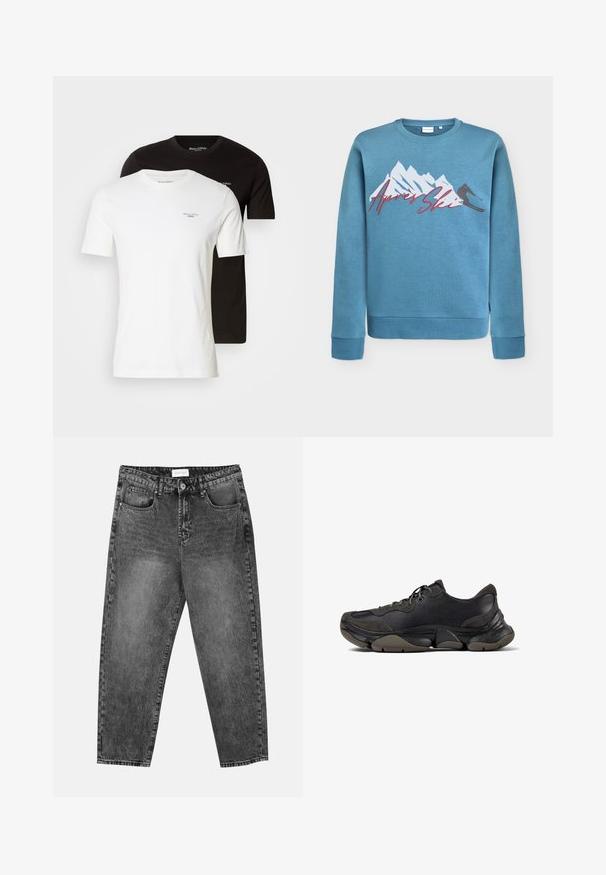 Svetlo modra majica s printom gore in smučarja,"Après Ski" v rdečem kurzivnem tisku. Okrogli izrez in rebrasti manšeti ter rob. Mešanica bombaža.; Dve majice, ena bela in ena črna, narejeni iz bombaža. Obe imata okroglo ovratnik in kratke rokave, z manjšim logotipom na prsih.; Črne jeanse ravnega kroja z sprednjimi in zadnjimi žepi, zankami za pas in gumbom za zapiranje na pasu.; Črne atletske tenisice z strukturiranim podplatom, zgornjim delom iz usnja in semiša, oblazinjenim ovratnikom in vezalkami, prikazane v stranskem profilu.
