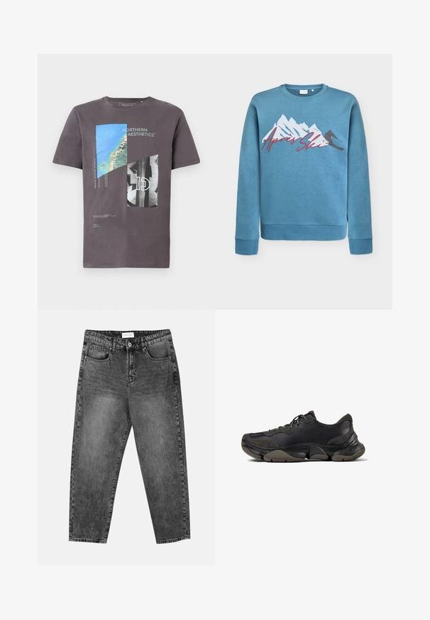 Lyseblå sweatshirt med grafik af bjerg og skiløber, "Après Ski" i rød kursiv. Rund halsudskæring og ribstrikkede manchetter og kant. Blanding af bomuld.; Grå bomuld t-shirt med et grafisk print af blå og sorte geometriske former og tekst, korte ærmer og rund halsudskæring.; Sorte vasket straight-leg jeans med for- og baglommer, bæltestropper og knaplukning i taljen.; Sort atletisk sneakers med tekstureret sål, overdel i læder og ruskind, polstret krave og snørebånd, vist i sideprofil.