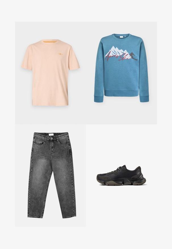 Lichtblauwe sweatshirt met grafiek van een berg en skieur, "Après Ski" in rode cursieve letters. Ronde halslijn en ribgebreide manchetten en zoom. Katoenmix materiaal.; Perzikkleurig T-shirt gemaakt van zachte, gestructureerde stof. Beschikt over korte mouwen en een klein geel printontwerp op de borst.; Zwart gewassen rechte jeans met voor- en achterzakken, riemlussen en een knoopsluiting in de taille.; Zwarte sportieve sneaker met een gestructureerde zool, leren en suède bovenwerk, gevoerde kraag en vetersluiting, getoond in zijprofiel.