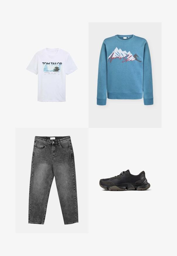 Lichtblauwe sweatshirt met grafiek van een berg en skieur, "Après Ski" in rode cursieve letters. Ronde halslijn en ribgebreide manchetten en zoom. Katoenmix materiaal.; Witte katoenen T-shirt met een blauw en zwart grafisch ontwerp en tekst. Korte mouwen en een ronde hals, casual fit.; Zwart gewassen rechte jeans met voor- en achterzakken, riemlussen en een knoopsluiting in de taille.; Zwarte sportieve sneaker met een gestructureerde zool, leren en suède bovenwerk, gevoerde kraag en vetersluiting, getoond in zijprofiel.