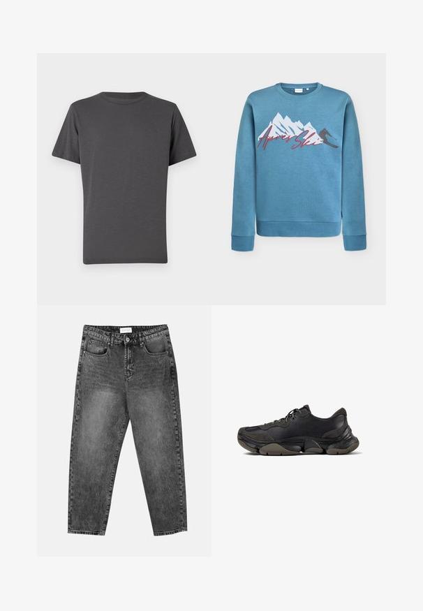 Lyseblå sweatshirt med grafik af bjerg og skiløber, "Après Ski" i rød kursiv. Rund halsudskæring og ribstrikkede manchetter og kant. Blanding af bomuld.; Mørkegrå t-shirt med rund hals, korte ærmer, lavet af blødt stof. Har et diskret logo på forsiden, glat tekstur med minimale sømme.; Sorte vasket straight-leg jeans med for- og baglommer, bæltestropper og knaplukning i taljen.; Sort atletisk sneakers med tekstureret sål, overdel i læder og ruskind, polstret krave og snørebånd, vist i sideprofil.