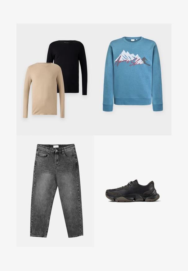 Světle modrý sweatshirt s grafikou hor a lyžaře, nápis "Après Ski" červenou kurzívou. Kulatý výstřih a žebrované manžety a lem. Materiál směs bavlny.; Dvě trička s dlouhým rukávem: jedno v béžové a jedno v černé. Měkká, elastická tkanina s kulatým výstřihem a minimalistickým designem.; Černé prané rovné džíny s předními a zadními kapsami, poutky na opasek a knoflíkovým zapínáním v pase.; Černé sportovní tenisky s texturovanou podrážkou, svrchní část z kůže a semiše, polstrovaný límec a šněrovací zapínání, zobrazené v bočním profilu.