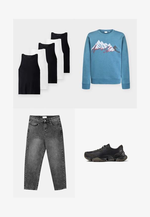 Lichtblauwe sweatshirt met grafiek van een berg en skieur, "Après Ski" in rode cursieve letters. Ronde halslijn en ribgebreide manchetten en zoom. Katoenmix materiaal.; Set van vijf mouwloze tanktops in zwart en wit katoen. Voorzien van ronde hals, aansluitend ontwerp en effen textuur.; Zwart gewassen rechte jeans met voor- en achterzakken, riemlussen en een knoopsluiting in de taille.; Zwarte sportieve sneaker met een gestructureerde zool, leren en suède bovenwerk, gevoerde kraag en vetersluiting, getoond in zijprofiel.