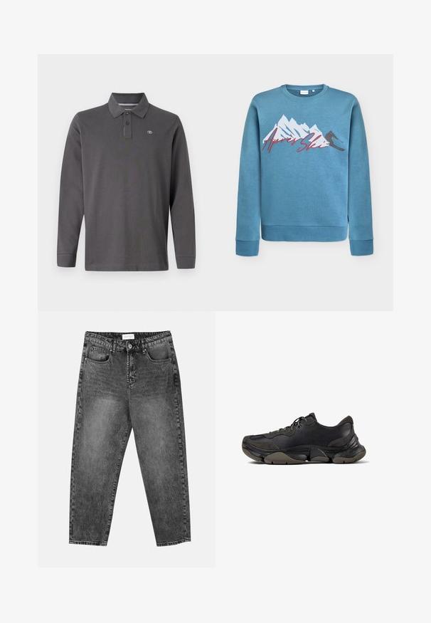 Hellblaues Sweatshirt mit Grafik von Bergen und Skifahrer, "Après Ski" in roter Schreibschrift. Rundhalsausschnitt und gerippte Bündchen sowie Saum. Baumwoll-Mischgewebe.; Langärmliges Poloshirt aus dunkelgrauer Baumwolle, mit Kragen, drei Knöpfen und kleinem Logo auf der linken Brust.; Schwarz gewaschene gerade Jeans mit vorderen und hinteren Taschen, Gürtelschlaufen und einem Knopfverschluss an der Taille.; Schwarzer Sportschuh mit strukturiertem Sohle, Obermaterial aus Leder und Wildleder, gepolstertem Kragen und Schnürverschluss, im seitlichen Profil dargestellt.