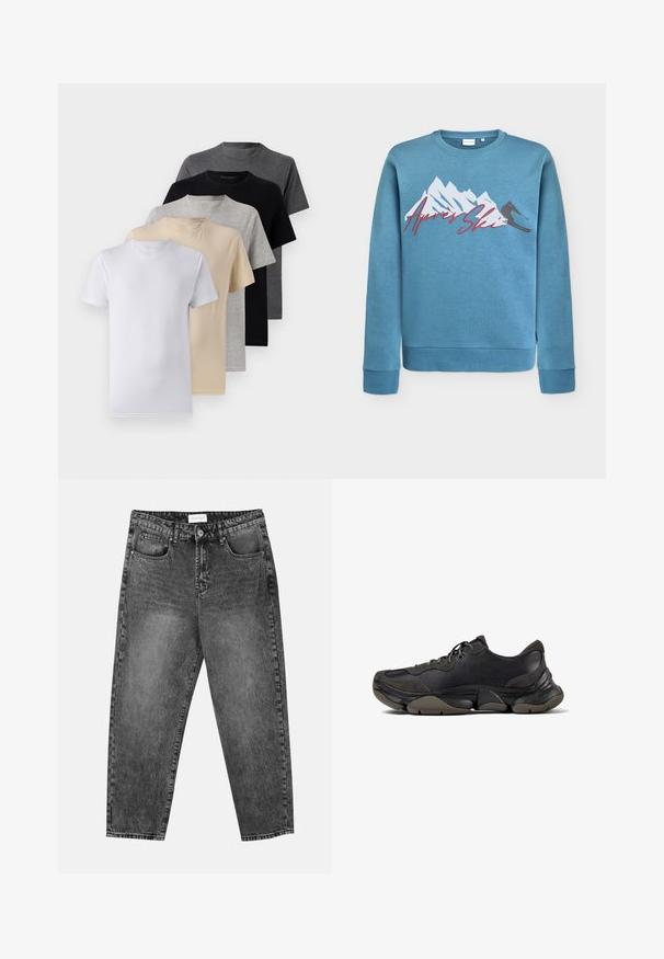 Hellblaues Sweatshirt mit Grafik von Bergen und Skifahrer, "Après Ski" in roter Schreibschrift. Rundhalsausschnitt und gerippte Bündchen sowie Saum. Baumwoll-Mischgewebe.; Set aus fünf Kurzarm-T-Shirts in Weiß, Beige, Hellgrau, Dunkelgrau und Schwarz. Hergestellt aus glattem Baumwollmaterial, mit Rundhalsausschnitt.; Schwarz gewaschene gerade Jeans mit vorderen und hinteren Taschen, Gürtelschlaufen und einem Knopfverschluss an der Taille.; Schwarzer Sportschuh mit strukturiertem Sohle, Obermaterial aus Leder und Wildleder, gepolstertem Kragen und Schnürverschluss, im seitlichen Profil dargestellt.