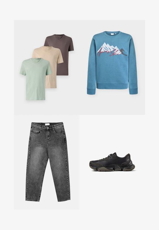 Light blue sweatshirt featuring mountain and skier graphic, "Après Ski" in red cursive. Round neckline and ribbed cuffs and hem. Cotton blend material.; Three v-neck t-shirts in muted colors: green, beige, and brown. Short sleeves, soft fabric, and a small logo on the chest of each.; Black washed straight-leg jeans with front and back pockets, belt loops, and a button closure at the waist.; Black athletic sneaker with textured sole, leather and suede upper, padded collar, and lace-up closure, shown in side profile.