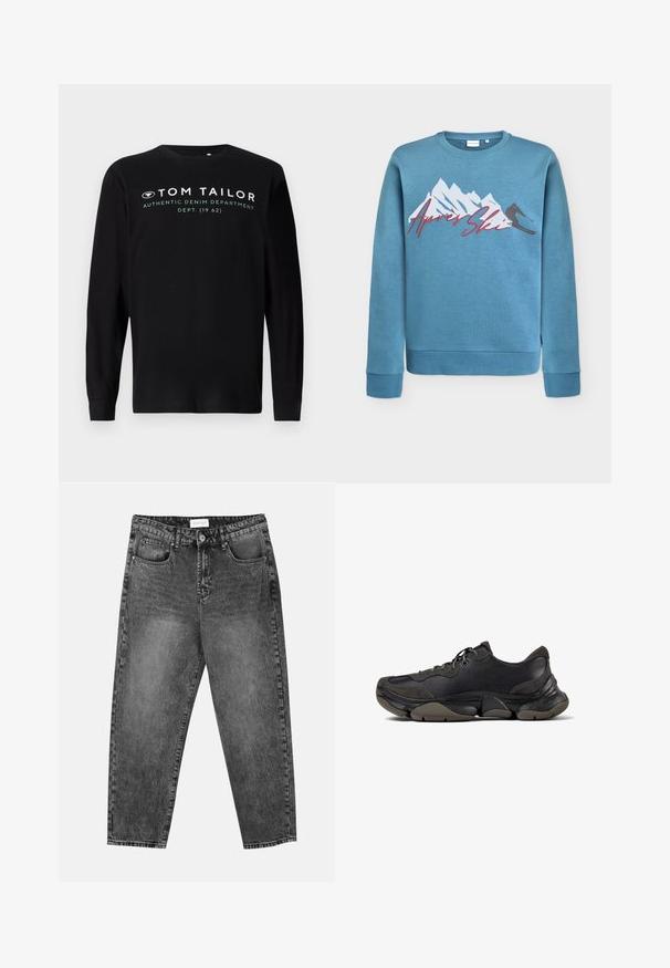Hellblaues Sweatshirt mit Grafik von Bergen und Skifahrer, "Après Ski" in roter Schreibschrift. Rundhalsausschnitt und gerippte Bündchen sowie Saum. Baumwoll-Mischgewebe.; Schwarzes Langarm-T-Shirt aus Baumwolle mit Rundhalsausschnitt und weißem Text-Branding "TOM TAILOR AUTHENTIC DENIM DEPARTMENT" auf der Vorderseite.; Schwarz gewaschene gerade Jeans mit vorderen und hinteren Taschen, Gürtelschlaufen und einem Knopfverschluss an der Taille.; Schwarzer Sportschuh mit strukturiertem Sohle, Obermaterial aus Leder und Wildleder, gepolstertem Kragen und Schnürverschluss, im seitlichen Profil dargestellt.