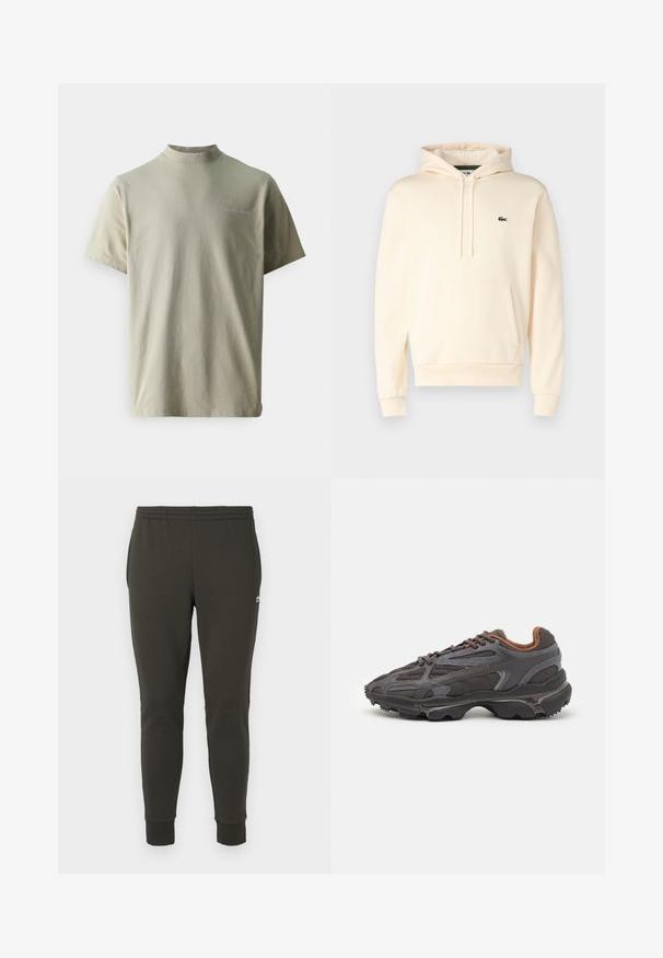 Valkoinen huppari pehmeästä kankaasta, jossa on kengurutasku, resorit hihansuissa ja pieni vihreä logo rinnassa.; Samsøe Samsøe NORSBRO - T-paita - taupe; Tummanvihreät jogginghousut, jotka on valmistettu pehmeästä kankaasta. Ne sisältävät joustavan vyötärön, ribattuja hihansuita ja pienen logon sivussa.; Lacoste-tennar i mörkgrått med nät- och syntetmaterial, med en texturerad sula och bruna accenter på kragen och märket.