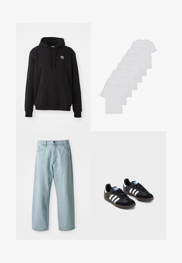 Svart bomullshoodie med kengurulomme, hvit Adidas-logo, ribbestrikkede ermer og hem, med snøring på hetta og sydde detaljer.; Hvite bomulls T-skjorter, korte ermer, rund hals-design, enkel tekstur, stablet i en rekke, med subtil merking ved halsen.; Lys blå denim jeans med bred benform. Har fem lommer, frontlukking med knapp og glidelås, og en svakt falmet tekstur.; Svarte sneakers med overdel i semsket lær og syntetisk materiale, med tre hvite striper, strukturert gummisåle og blå logoetikett på tungen.