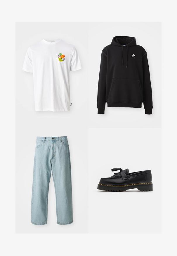 Crni pamučni dukserica s kengurou džepom, bijelim Adidas logom, rebrastim rukavima i rubom, s kapuljačom koja se može podešavati uzicom i šivenim detaljima.; Bijela pamučna majica s rundastim grafikama koje prikazuju šarene voćne dizajne u narančastoj, zelenoj i žutoj boji na lijevoj strani prsnog područja.; Svijetloplave traperice s širokim nogavicama. Imaju pet džepova, prednje zatvaranje na gumbi i patentni zatvarač, te blago izblijedjelu teksturu.; Crna kožna loaferica s resicama, koja ima čvrst crni potplat i žute šavove duž ruba. Teksturirana završna obrada.