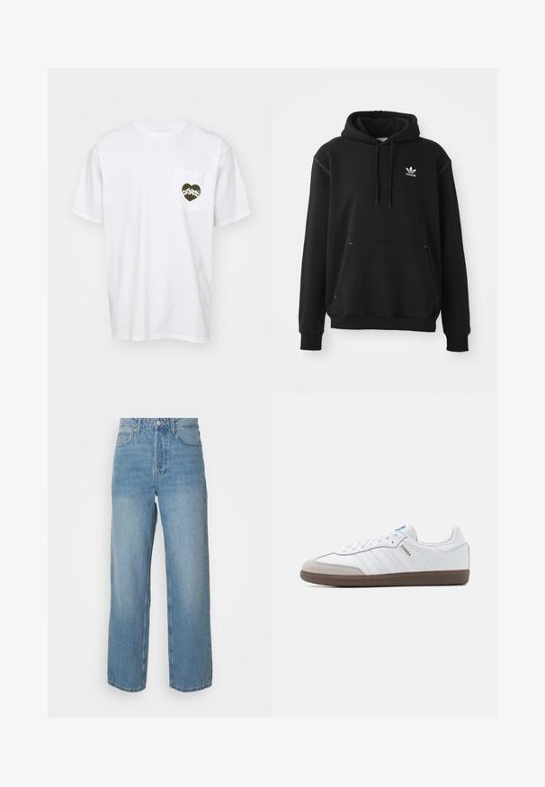 Fekete pamut kapucnis pulóver kenguruzsebbel, fehér Adidas logóval, bordázott mandzsettákkal és szegéllyel, húzózsinórral ellátott kapucnival és varrott részletekkel.; Carhartt WIP AMOUR POCKET - Nyomott mintás póló - white/black; Magas derekú, világoskék farmernadrág egyenes szárakkal, elülső gombos záródással és öt zsebes stílussal, egyszínű háttér előtt.; Fehér bőr sportcipő szürke velúr orral, három vízszintes fehér csíkkal, kék akcentussal és barna gumitalppal. A talpon textúrázott részlet található.