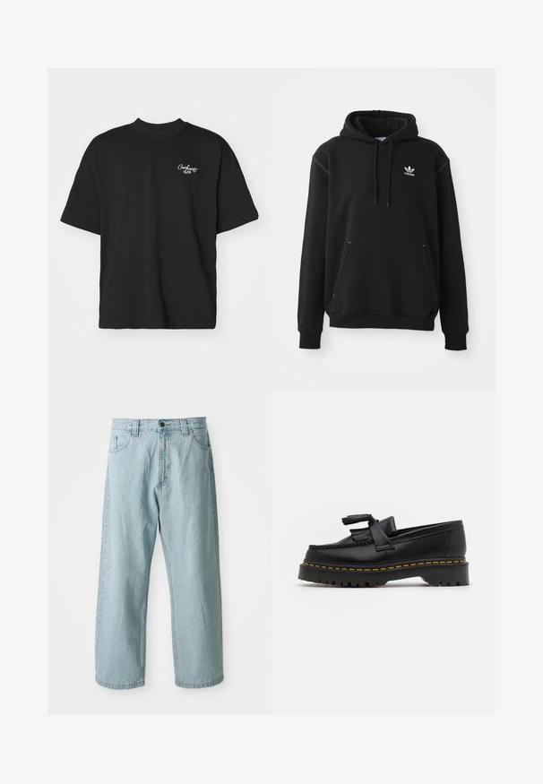 Black cotton hoodie with a kangaroo pocket, white Adidas logo, ribbed cuffs, and hem, featuring a drawstring hood and stitched accents.; Black short-sleeve t-shirt made of cotton. Features a crew neckline and a small white logo on the left chest. Standard fit.; Light blue denim jeans with a wide-leg design. Features five pockets, front button and zipper closure, and slightly faded texture.; Black leather loafer with a tasseled accent, featuring a chunky black sole and yellow stitching along the edge. Textured finish.