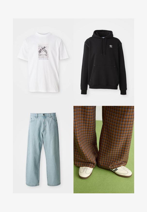 Crni pamučni dukserica s kengurou džepom, bijelim Adidas logom, rebrastim rukavima i rubom, s kapuljačom koja se može podešavati uzicom i šivenim detaljima.; Bijela pamučna majica sa središnjim grafičkim prikazom pasa koji se igraju, s natpisom "Sav posao, nigdje zabave" u plavoj boji ispod slike.; Svijetloplave traperice s širokim nogavicama. Imaju pet džepova, prednje zatvaranje na gumbi i patentni zatvarač, te blago izblijedjelu teksturu.; Smeđe i plave karirane široke hlače uparene s bijelim cipelama s crnim akcentima i teksturiranim potplatom, na zelenoj pozadini.