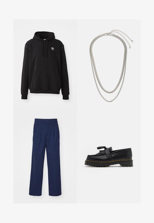 Black cotton hoodie with a kangaroo pocket, white Adidas logo, ribbed cuffs, and hem, featuring a drawstring hood and stitched accents.; Navy blue cotton trousers with a straight-leg design, featuring front pleats, a single button closure, and side pockets.; Black leather loafer with a tasseled accent, featuring a chunky black sole and yellow stitching along the edge. Textured finish.; Three-layered silver metal necklace featuring sleek, flexible chains with a slight sheen, secured with a lobster clasp and adjustable chain.