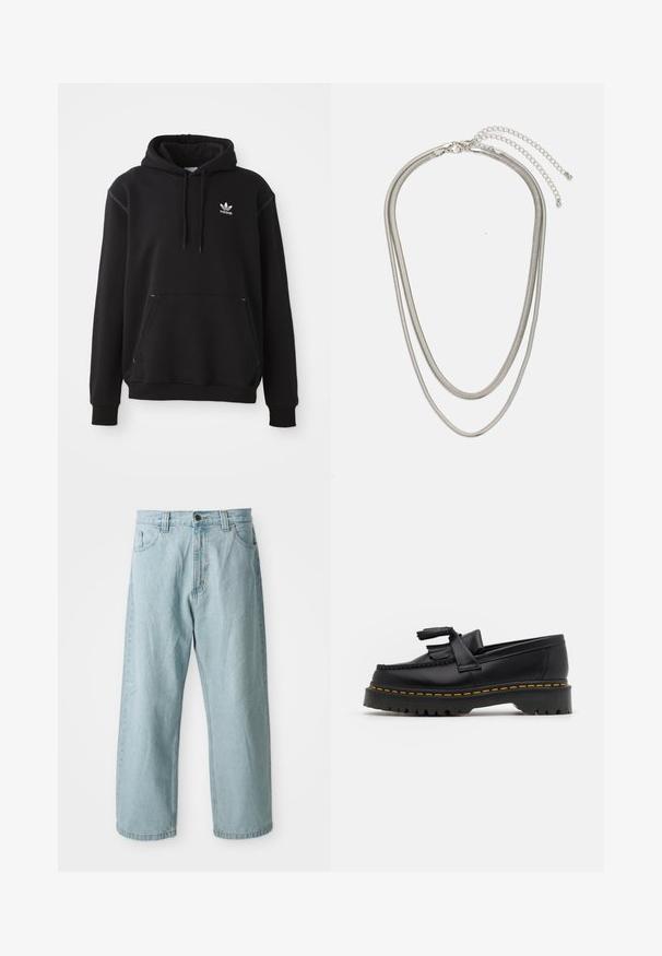 Felpa nera in cotone con tasca a marsupio, logo Adidas bianco, polsini e orlo a costine, dotata di cappuccio regolabile e dettagli cuciti.; Jeans in denim blu chiaro con design a gamba larga. Presentano cinque tasche, chiusura frontale con bottone e zip, e una texture leggermente sbiadita.; Mocassino in pelle nera con un'accento a frange, dotato di una suola nera spessa e cuciture gialle lungo il bordo. Finitura testurizzata.; Collana in metallo argentato a tre strati caratterizzata da catene sottili e flessibili con una leggera lucentezza, fissata con un gancio a molla e una catena regolabile.