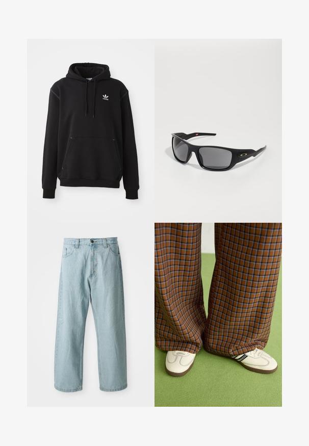 Mustat puuvillaiset hupparit, joissa on kengurutasku, valkoinen Adidas-logo, ribbauskankaat hihansuissa ja helman kohdalla, sekä naruvarsilla varustettu huppu ja ommellut yksityiskohdat.; Vaaleansiniset farkut, joissa on leveä lahjetyyli. Ominaisuuksiin kuuluu viisi taskua, etu-nappi ja vetoketjukiinnitys sekä hieman haalistunut rakenne.; Ruskonsin ja sininen ruutukuvioinen leveälahkeinen housut yhdistettynä valkoisiin kenkiin, joissa on mustia yksityiskohtia ja tekstuuripohjat, vihreää taustaa vasten.; Mustat aurinkolasit, joissa on suorakulmainen muoto, valmistettu kestävästä muovista, harmailla tummennetuilla linsseillä ja kultaisella yksityiskohdalla sivussa.