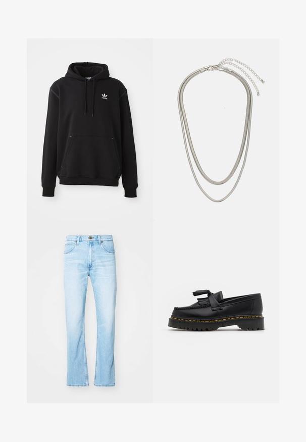 Melna kokvilnas hoodie ar kengūra kabatu, balts Adidas logo, ribota apkakle un apakšmalu, ar regulējamu kapuci un šuvēm.; Gai zils denims ar taisnu kāju, pieciem kabatām, priekšējo pogu aizdari un kontrastējošām šuvēm. Gluda tekstūra ar nolietotiem posmiem.; Melnas ādas mokasīni ar pērlītēm uzsvaru, ar masīvu melnu zoli un dzeltenu šuvumu gar malu. Ar teksturētu apdari.; Trīslīmeņu sudraba metāla kaklarota ar gludām, elastīgām ķēdēm, kas spīd, droši piestiprināta ar omā uzgali un regulējamu ķēdi.