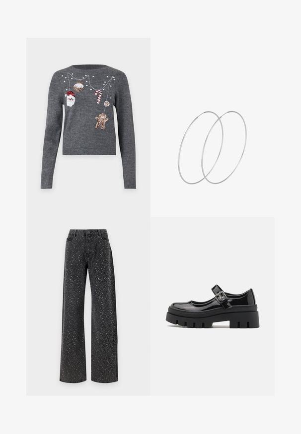 JDY JDYTWINKLE XMAS O NECK PULLOVER - Svetrík - medium grey melange; Noisy May NMJANNEL LOOSE - Džínsy voľného strihu - black denim; Even&Odd Obuv na platformovom opätku - black; Strieborné kruhové náušnice s minimalistickým dizajnom. Cirkulárny tvar, hladký povrch a tenký profil. Ľahké s lesklým povrchom.