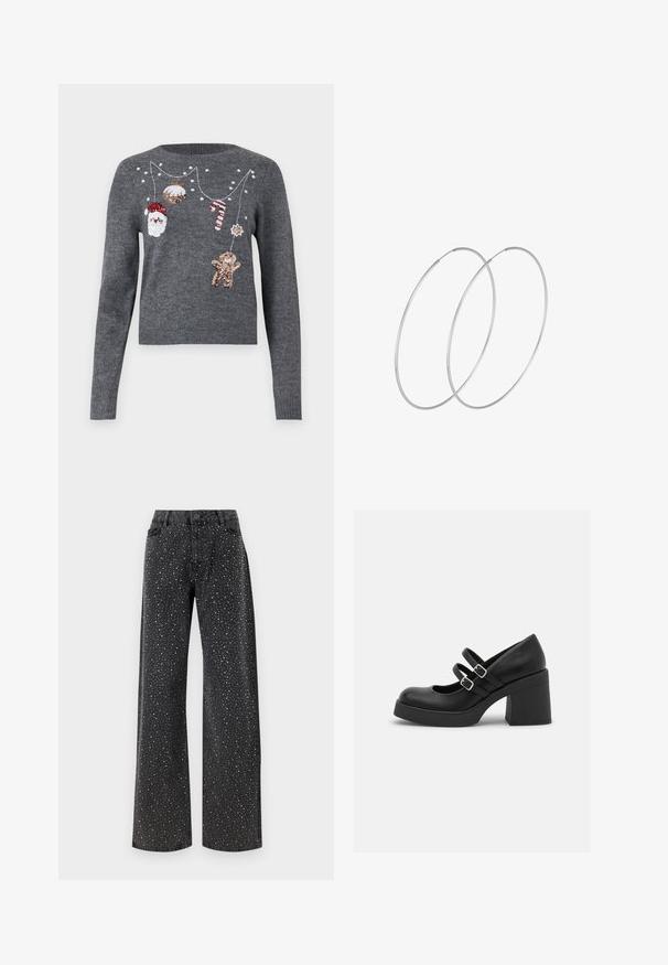 JDY JDYTWINKLE XMAS O NECK PULLOVER - Strickpullover - medium grey melange; Noisy May NMJANNEL LOOSE - Jeans Relaxed Fit - black denim; Call it Spring MONROE - Plateaupumps - black smooth; Silberne Creolen mit minimalistischem Design. Rundform, glatte Oberfläche und dünnes Profil. Leichtgewichtig mit hochglänzender Oberfläche.
