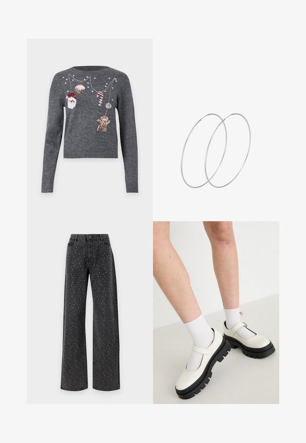 JDY JDYTWINKLE XMAS O NECK PULLOVER - Trui - medium grey melange; Noisy May NMJANNEL LOOSE - Relaxed fit jeans - black denim; Witte patenten leren Mary Jane schoenen met een stevige zwarte zool, met een band over de wreef en gedragen met witte sokken.; Zilveren hoepel oorbellen met een minimalistisch ontwerp. Cirkelvormig, gladde textuur en dun profiel. Lichtgewicht met een gepolijste afwerking.