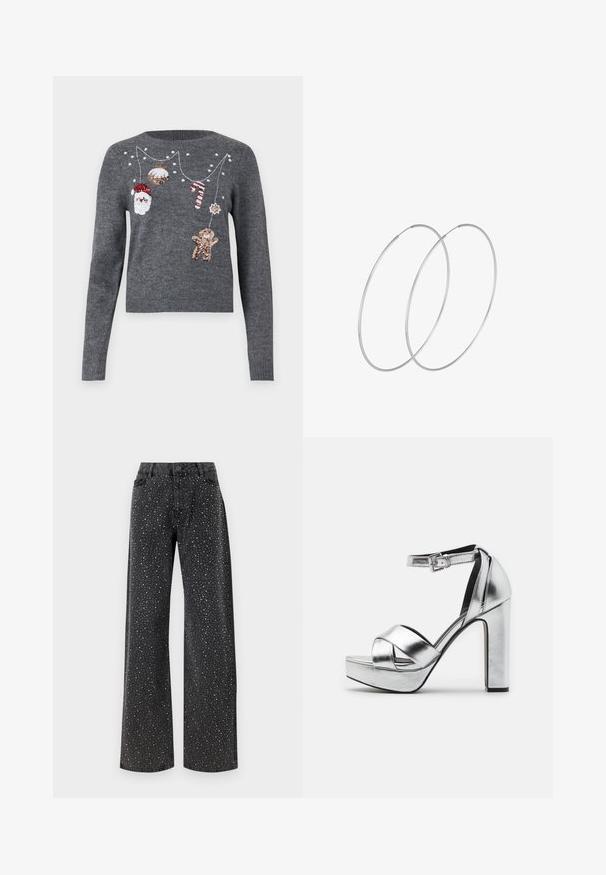 JDY JDYTWINKLE XMAS O NECK PULLOVER - Neule - medium grey melange; Noisy May NMJANNEL LOOSE - Relaxed fit -farkut - black denim; Hopeapintaiset metalliset platform-sandaalit korkealla block-korkeudella, joissa on ristikkäiset hihnat ja säädettävä nilkkahihna.; Hopehope hopeilla, joissa on minimalistinen muotoilu. Pyöreä muoto, sileä pinta ja ohut profiili. Kevyet ja kiillotetut.