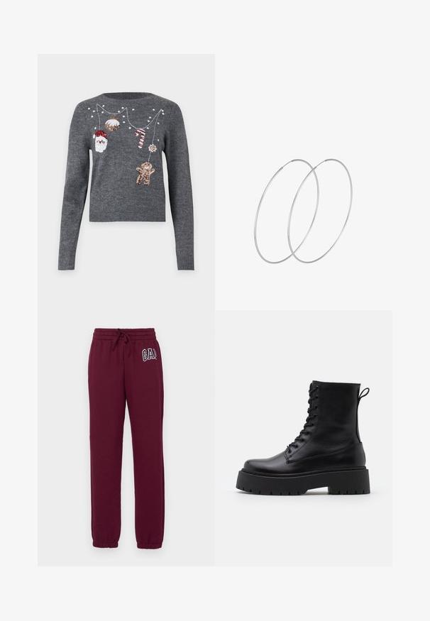 JDY JDYTWINKLE XMAS O NECK PULLOVER - Striktrøje - medium grey melange; Gap Tall HERITAGE JOGGER - Træningsbukser - ruby wine; Sorte læder ankelstøvler med rund tå, snørebånd foran og en tyk gummisål med struktureret slidbane. Hæfteløkke bagpå.; Sølvøreringe med et minimalistisk design. Cirkulær form, glat tekstur og tynd profil. Letvægtige med en poleret overflade.