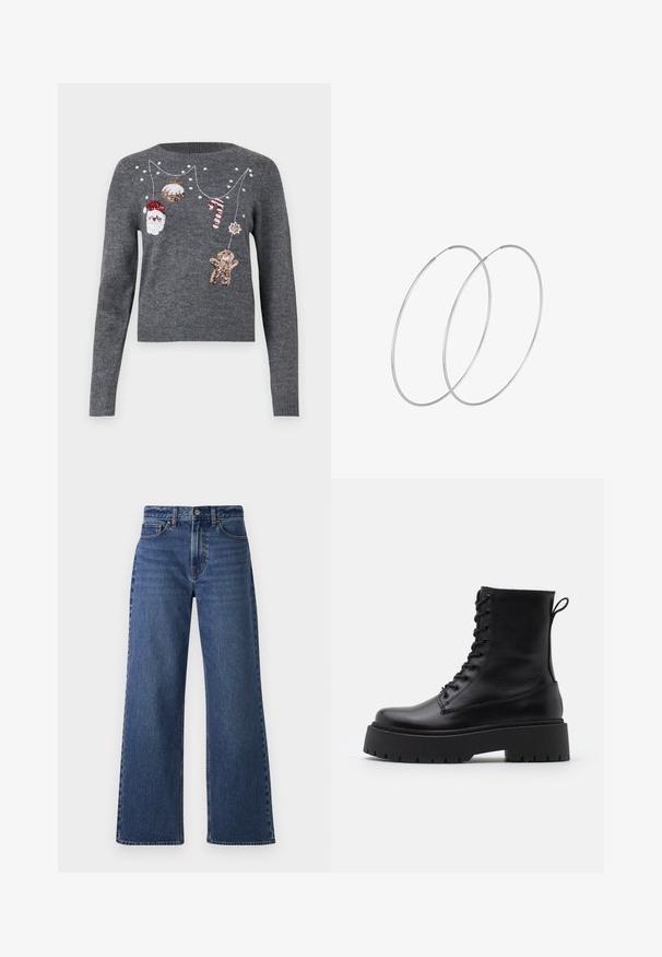 JDY JDYTWINKLE XMAS O NECK PULLOVER - Pulover - medium grey melange; Modre široke kavbojke z visokim pasom, z gumbom za zapiranje, zankami za pas in klasičnim dizajnom s petimi žepi.; Črne usnjene gležnjarje z okroglo konico, vezalnim sprednjim delom in debelim gumijastim podplatom z teksturiranim profilom. Zanka na hrbtni strani.; Srebrne uhane v obliki obroča z minimalističnim dizajnom. Krožna oblika, gladka tekstura in tanek profil. Lahki s poliranim zaključkom.