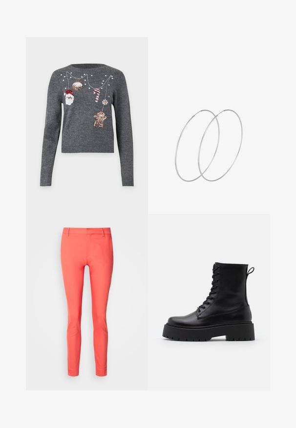 JDY JDYTWINKLE XMAS O NECK PULLOVER - Vesta - medium grey melange; Koralske uske hlače od glatkog materijala, s munjevitim zatvaranjem, petljama za remen i elegantnim dizajnom bez džepova.; Crne kožne gležnjače s okruglim vrhom, vezanjem sprijeda i debelim gumenim potplatom s teksturiranim uzorkom. Tipa: traka za vuču na stražnjoj strani.; Srebrne okrugle naušnice s minimalističkim dizajnom. Kružni oblik, glatka tekstura i tanak profil. Lagane s poliranim završetkom.