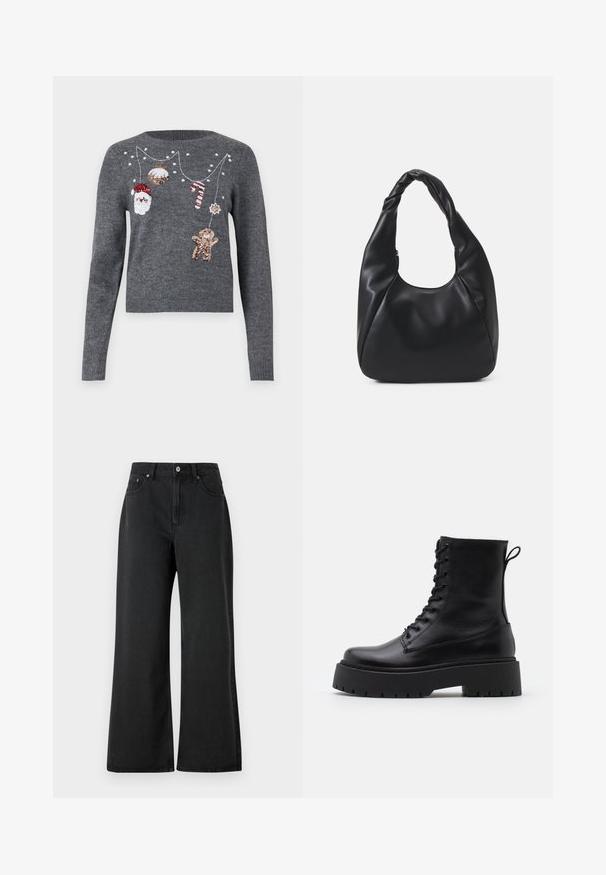 JDY JDYTWINKLE XMAS O NECK PULLOVER - Jersey de punto - medium grey melange; Vaqueros negros de pierna ancha hechos de denim, con una cintura alta, cierre frontal de botón y una textura sutil. Diseño limpio sin patrones visibles.; Botas de cuero negras hasta el tobillo con punta redonda, cordones en la parte delantera y una suela de goma gruesa con un dibujo texturizado. Tirador en la parte trasera.; Bolso hobo negro hecho de un material suave similar al cuero, con un asa retorcida, que presenta una forma suave y redondeada y un cierre superior de cremallera.; Pendientes de aro plateados con un diseño minimalista. Forma circular, textura suave y perfil delgado. Livianos con un acabado pulido.
